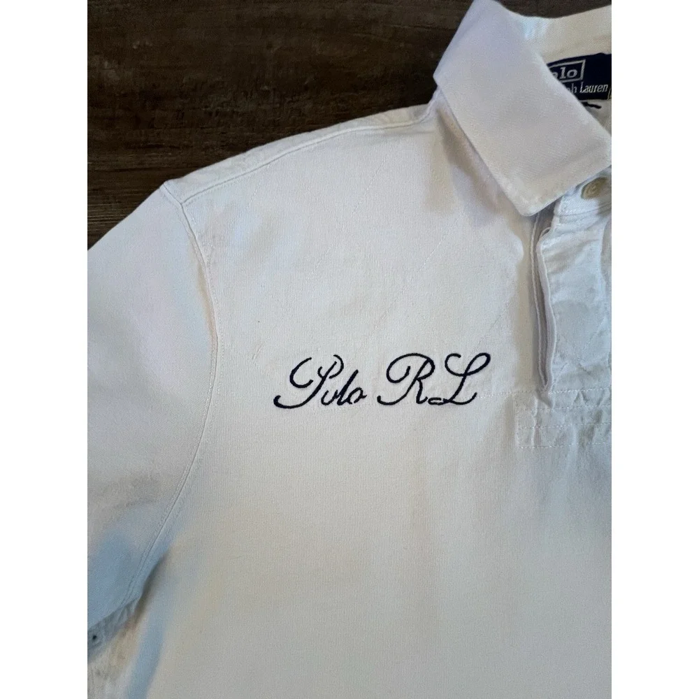 Rare Vintage POLO RALPH LAUREN Spell Out Scribble Polo Shirt 90s‎  White XL B29